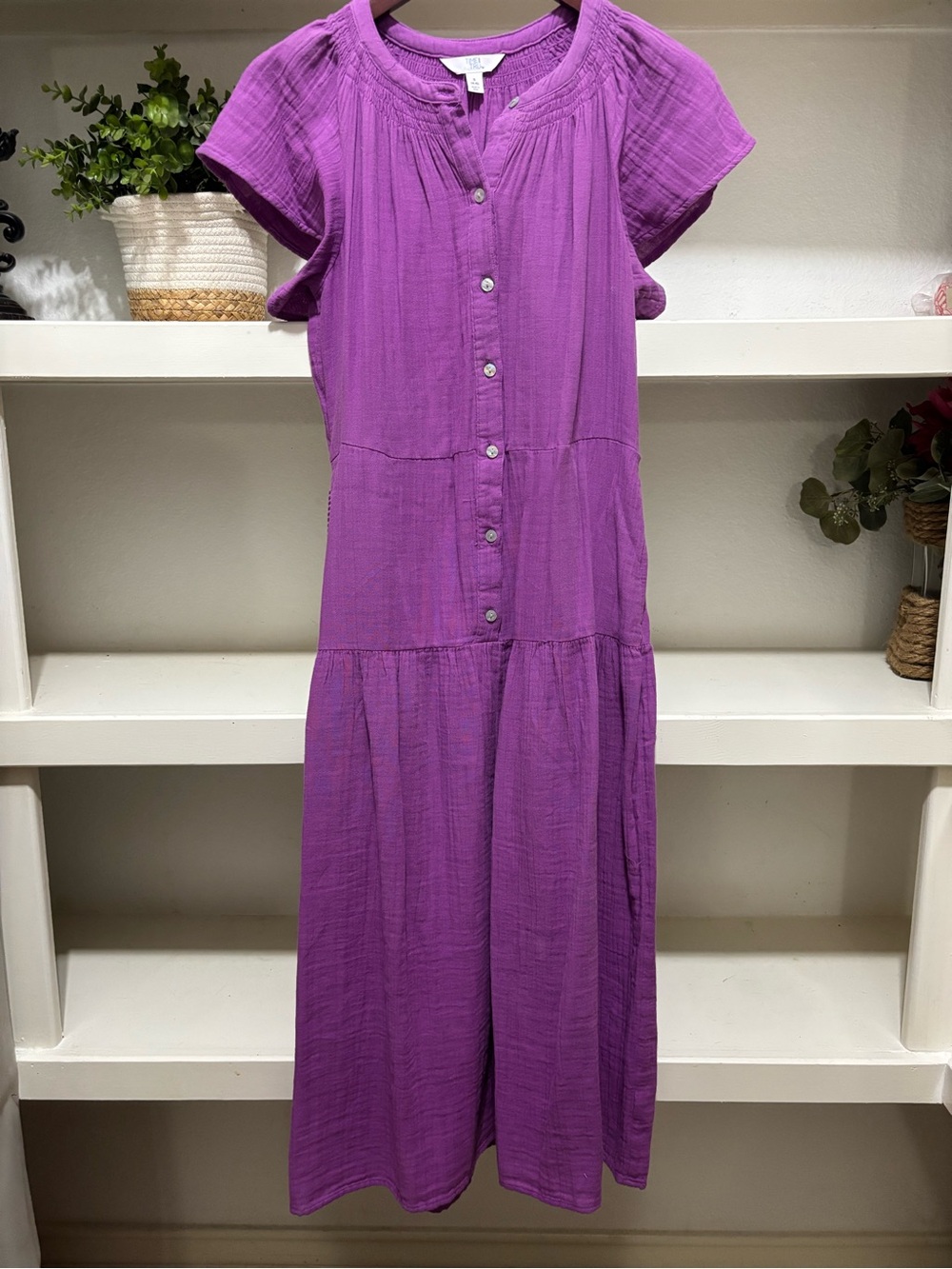 Purple Button-Front Cotton Midi Dress - Comfortable Everyday Style